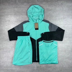 <b>Men's</b> Hooded Color Blocking Sport Set Quick Dry Knitted Polyester <b>Summer</b> Outwear <b>Jacket</b> Shorts Top - Product Image 1