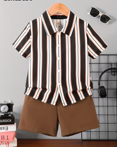 Striped Slight Stretch Quick Dry for Shirt Shorts Set Summer Casual Breathable Unisex Short Sleeve Turn-down Collar 2pcs Outfit - Product Image 1