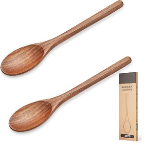 2 cuillères de cuisine en bois d'acacia de 12 pouces, fabriquées à la main, anti-rayures, pour ustensiles de cuisine antiadhésifs, résistantes à la chaleur - Product Image 1