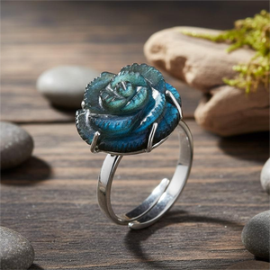 Anillo de compromiso clásico de plata de ley 925 chapado en oro con flor de rosa tallada en labradorita para mujer, estilo bohemio, para boda o cumpleaños - Product Image 6