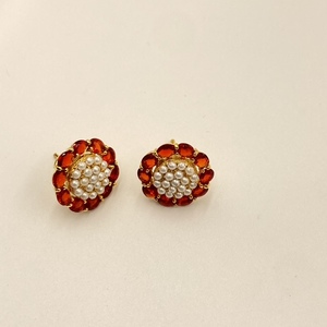 Best Selling Statement Red Oval Stone Pendant Set Pearl Accents 22K Gold Plated Brass Necklace & <b>Earrings</b> Set - Product Image 3