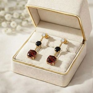 Handmade Garnet Cushion Earrings With <b>Black</b> Obsidian Drop Minimalist Gemstone Dangle Earrings Fine Jewelry For Her - Product Image 1