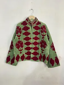 Handmade Green Red <b>Velvet</b> Boho Jacket <b>Women</b> Embroidered Ethnic Short <b>Coat</b> Stand Collar Winter Autumn Wear - Product Image 5