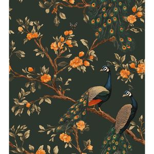 Papel Tapiz Floral Vintage Verde Oscuro con Diseño de Pavo Real, 17.5'' x 118'', Papel Tapiz Autoadhesivo con Flores Botánicas - Product Image 1