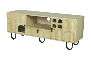 Solid Mango Wood Tv Cabinet Carved Media Console Storage <b>Unit</b> Two Door One Drawer <b>Shelf</b> Glass Panel Entertainment Furniture - Product Image 3