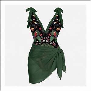 Women's Tropical Print Swimdress Deep V Neck Asymmetric Wrap Skirt Stretch Bodysuit Floral Pattern Green - Product Image 1