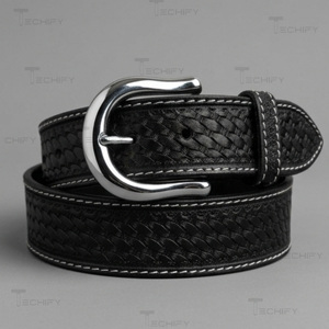 Ceinture en cuir tressé noir avec boucle argentée, style western cowboy, accessoire équestre fait main, confortable, logo personnalisé - Product Image 1