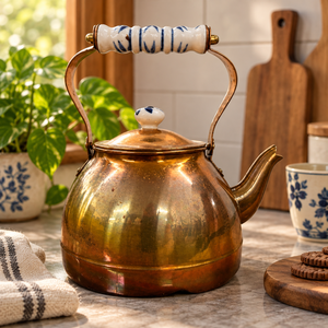Bouilloire à thé antique en cuivre avec poignée en céramique bleue à motif floral, faite à la main, pour faire bouillir l'eau, ustensile de cuisine, vente directe d'usine - Product Image 2