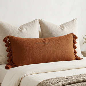 Housse de coussin lombaire décorative bleue avec pompons, coussin de banc moderne style ferme - Product Image 6