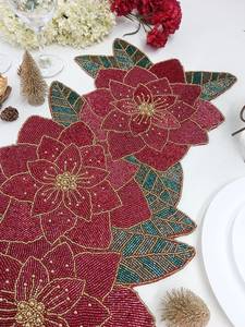 Camino de Mesa Pallavi Hecho a Mano con Cuentas Rojas Bordadas, Tejido de Poliéster/Algodón con Patrón de Rayas - Product Image 3