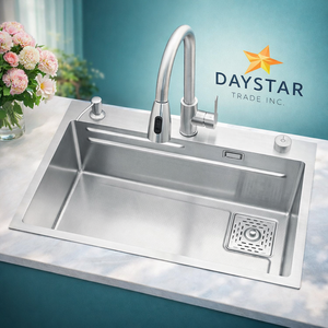 อ่างล้างจานเดี่ยวทรงสี่เหลี่ยมแบบติดตั้งใต้เคาน์เตอร์ Daystar Trade Premium 304 สแตนเลสสตีล ผลิตด้วยมือ ดีไซน์ทันสมัย พร้อมก๊อกน้ำ - Product Image 1