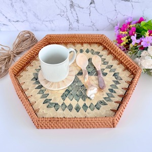Handmade Rattan Mother of Pearl Tray <b>Decorative</b> Tray Eco Friendly Natural MOP Inlay Home <b>Kitchen</b> <b>Decorative</b> woven style tray - Product Image 2