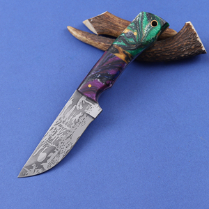 Cuchillo de caza OEM personalizado con hoja fija de acero 12C27 grabado al ácido, punta de gota, mango de resina de grado industrial - Product Image 2