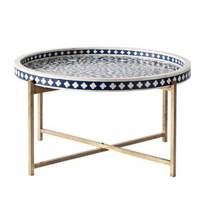 Table basse et table d'appoint en nacre avec mosaïque perlée de forme ronde et support en métal plaqué or de qualité supérieure - Product Image 1