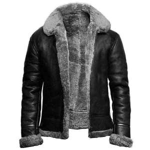 New Fall/Winter Canvas Stand Front <b>Fleece</b>-<b>lined</b> Lapel Loose Winter Casual Genuine Leather Breathable Fashionable Men's <b>Jacket</b> - Product Image 3