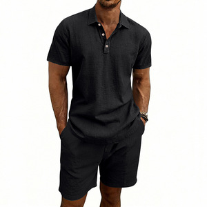 Summer Collar <b>Short</b> Sleeved <b>Top</b> <b>and</b> <b>Shorts</b> <b>Men's</b> Casual Solid Color <b>Set</b> - Product Image 1