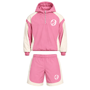 Mens <b>Pink</b> Neutral Colorblock Nylon <b>Hoodie</b> Shorts Set Lightweight Quarter Zip Running Training Gym Casual Sportswear Outfit - Product Image 1