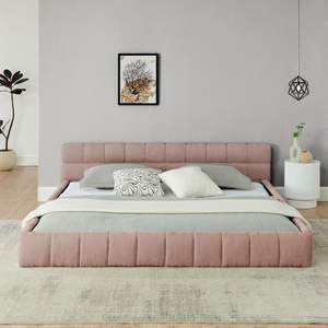 King Size Upholstered Bed <b>Frame</b> <b>Pink</b> Thick Chenille Fabric Solid Queen Platform Headboard 88.5''*85.5''*31'' No Box Spring - Product Image 3