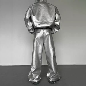 Unisex Silver Metallic Tracksuit Set Full <b>Zip</b> <b>Hooded</b> Loose Fit Streetwear Pants With Side Pockets Autumn Wear - Product Image 5