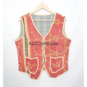 100% Cotton Breathable Printed Logo <b>Kantha</b> Quilted V-neck Women's Handmade Unique Spring Summer Autumn Winter Sleeveless Vest - Product Image 1
