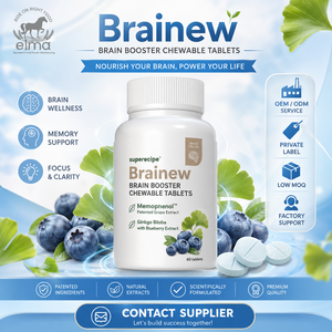 Comprimés à croquer Elma Brainew Brain Booster, 60 unités, extrait de Memophenol, Ginkgo Biloba et Myrtille, pour améliorer la mémoire, le sommeil et la performance mentale - Product Image 1