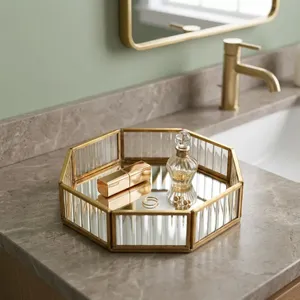 ARTISAN DESIGN Luxury Modern Mirrored Vanity <b>Tray</b> Gold Metal Decorative Jewelry <b>Perfume</b> Organizer Bathroom Desk Home - Product Image 1