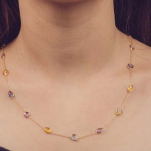 18K Yellow Gold Multi Sapphire Station <b>Necklace</b>-Classic Beaded <b>Chain</b> - Product Image 2