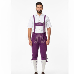 Lederhosen pour homme en cuir violet avec broderie, taille haute, style traditionnel bavarois pour l'Oktoberfest - Product Image 1