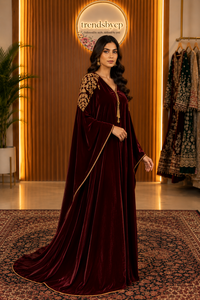 Robe Abaya élégante en velours, grande taille, pour femmes musulmanes, longue tunique à col en V, manches trois-quarts, longueur au sol, robe de mariage pour l'Aïd al-Fitr - Product Image 4