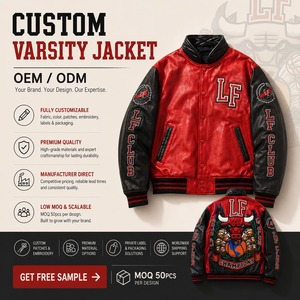 Veste universitaire rouge en PU pour homme, avec logo de taureau brodé, col rabattu, vêtement d'extérieur décontracté pour l'automne - Product Image 2