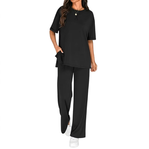 Summer Plus Size Casual Corduroy Women's Two-Piece Set with <b>Elastic</b> Waist Handmade Bulk Product and Front Logo - Product Image 1