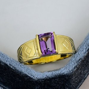 Bague Chevalière Améthyste Taille Octogonale Plaqué Or Argent Massif 925 Sertie à Griffes Large Bande Classique pour Femme Anniversaire - Product Image 1