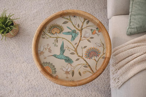 Tabouret en bois fait main avec motif floral et oiseaux, meuble d'appoint moderne du milieu du siècle pour salon, chambre, entrée, décoration intérieure - Product Image 4