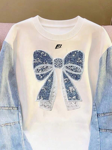 เสื้อสเวตเชิ้ตคอกลมลายกราฟิกโบว์สำหรับผู้หญิง แขนยาว แขนเสื้อตัดสี ลำลอง สวมใส่สบาย ผ้าฟลีซนุ่ม แฟชั่นสตรีทแวร์ เสื้อฮู้ดดี้ - Product Image 3