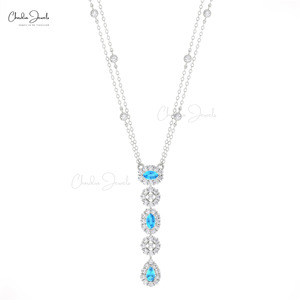 Collar de moda con topacio azul suizo de 0.63 CT y halo de diamantes con cadena larga de oro sólido de 14k para mujer, ideal para regalo. - Product Image 2