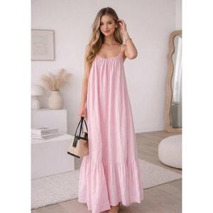 Elegante Vestido Maxi Bohemio Color Rosa Bebé con Tirantes Finos para Mujer, Vestido Holgado de Algodón para Vacaciones - Product Image 1