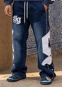 Custom Men's Winter Casual Denim <b>Hoodie</b> & Jogger Pants Tracksuit Set Solid Pattern Streetwear Embroidered Graphic Patchwork - Product Image 3