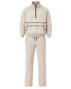 Ensemble de survêtement unisexe beige uni, demi-zip, manches longues, léger, respirant, en polaire, avec poches latérales, fermeture à cordon, décontracté - Product Image 5