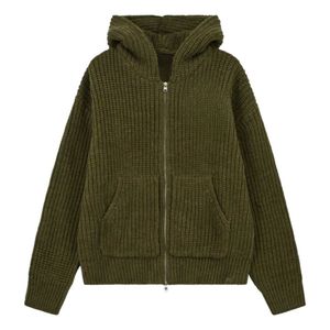 Sudadera con capucha de punto acanalado grueso con cremallera completa para hombre, color caqui, de primera calidad, para uso casual - Product Image 1