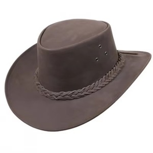 Medium Brown Smooth Genuine Leather Australian Outback Cowboy <b>Hat</b> Thick Braided <b>Band</b> Wide Brim Western <b>Hat</b> Men Women - Product Image 2