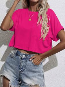 Camiseta Corta Rosa Brillante al por Mayor para Mujer, Top Corto Transpirable de Tela Ligera, Alta Calidad, Personalizable con Marca OEM - Product Image 5