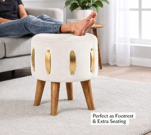 Velvet Round Golden Multiple Strip Ottoman Office <b>Stool</b> Foot Rest <b>Stool</b> Linen Fabric Padded <b>Seat</b> Pouf Ottoman with Round Shape - Product Image 3