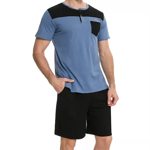 Men's Blue Black Color Block Henley T-Shirt With Pocket And Shorts <b>Set</b> Casual Summer Wear Breathable <b>Knitted</b> Cotton Spandex - Product Image 4