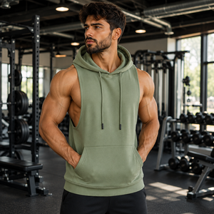 <b>Men</b> Sleeveless Hooded Zip-Up <b>Sweatshirt</b> Solid <b>Black</b> French Terry Casual Summer Fit Slim Regular Breathable Pocket Design - Product Image 3