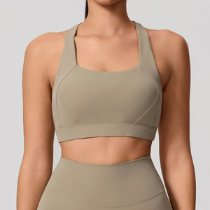 Soutien-gorge de sport pour femme, couleur unie, col carré, dos nu, maintien élevé, respirant, séchage rapide, sans coutures, avec logo frontal - Product Image 6