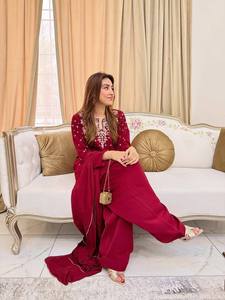 <b>Women</b> Traditional Maroon Digital Print Regular Fit Ankle-Length FRANCH CRAPE Beaded Embroidery <b>Kurta</b> Set Casual Wear All Seasons - Product Image 5