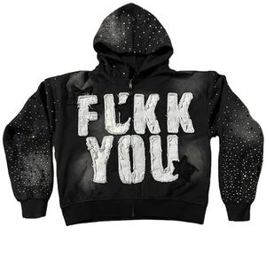 Sweat-shirt à capuche zippé intégral Y2K personnalisé pour homme, épais, avec patchwork graphique vieilli, en molleton, style streetwear avec appliques - Product Image 4