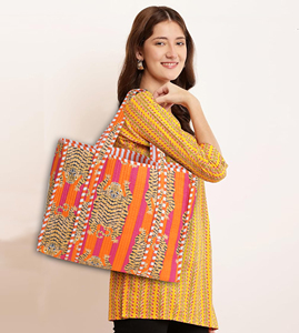 Bolso Tote de Algodón Acolchado Ligero Hecho a Mano con Estampado de Tigre y Rayas Naranjas, Reversible, para Compras, Playa, Verano, para Mujer - Product Image 4