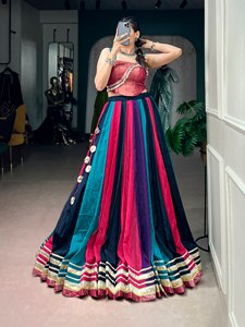 <b>Women</b> Rayon <b>Lehenga</b> Choli Set Printed Ethnic Indian Outfit Gota Patti Mirror Work Navratri Special Floor-Length Quick Dry - Product Image 3
