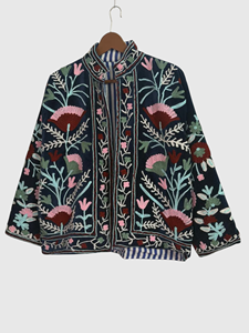 Veste à col mandarin brodée à la main avec des motifs floraux, manches longues, en coton, pour adulte, style Prairie Chic, à porter en automne - Product Image 1
